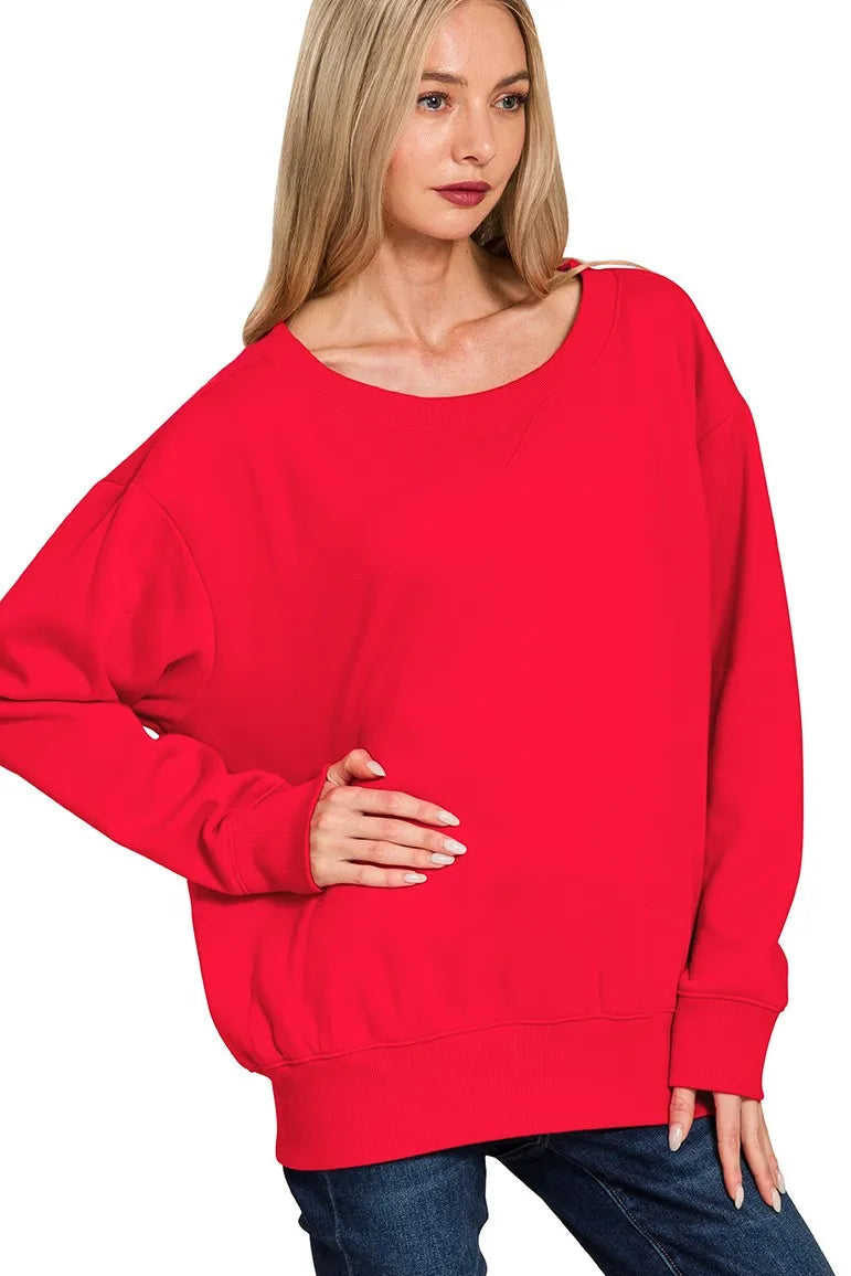 Zenana Fleece Boat Neck Sweatshirt in Ruby Red
