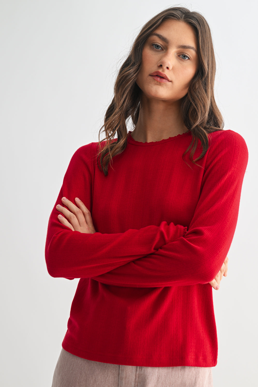 Wishlist Pointelle Knit Top in Cherry Red