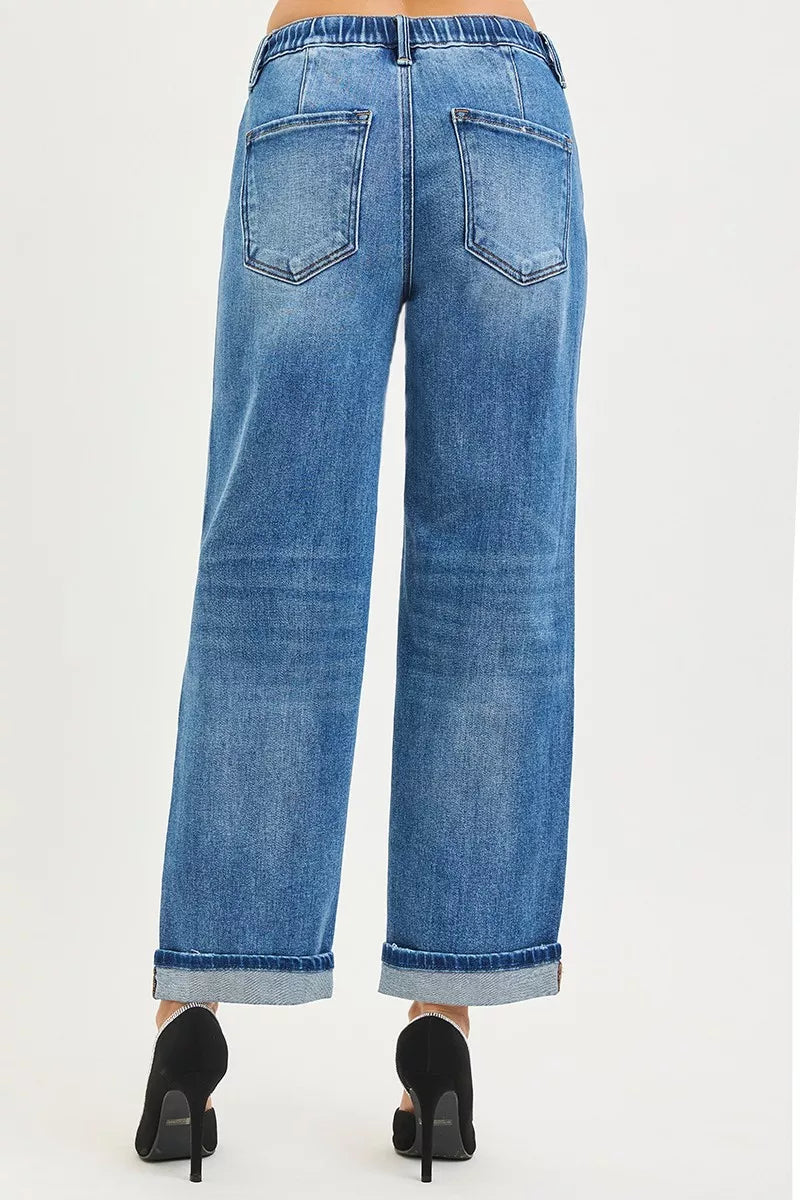 Risen Mid Rise Slouchy Drawstring Waist Boyfriend Jeans