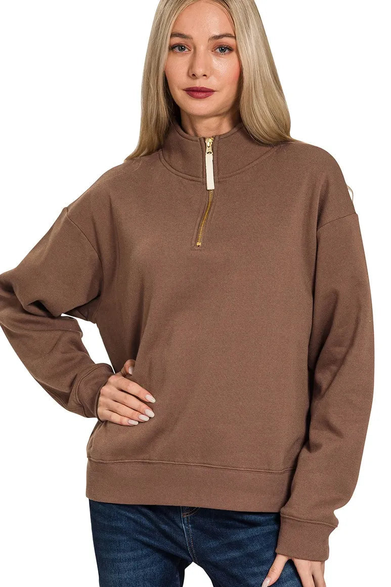 Quarter Zip Fleece Sweatshirt in Brown