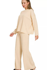 Viscose Sweater Knit Top & Pants Two-Piece Set in Light Beige featuring a relaxed fit top and wide leg pants.