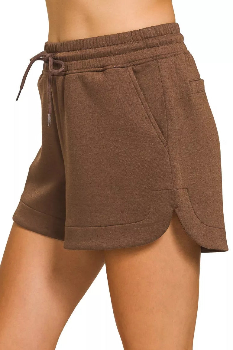 Zenana Scuba Elastic Waistband Shorts with Pockets in Brown