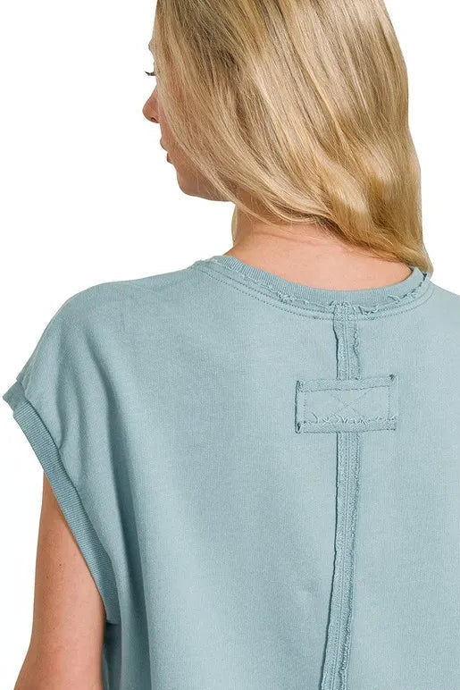 French Terry Round Neck Cap Sleeve T-Shirt - Blue Gray