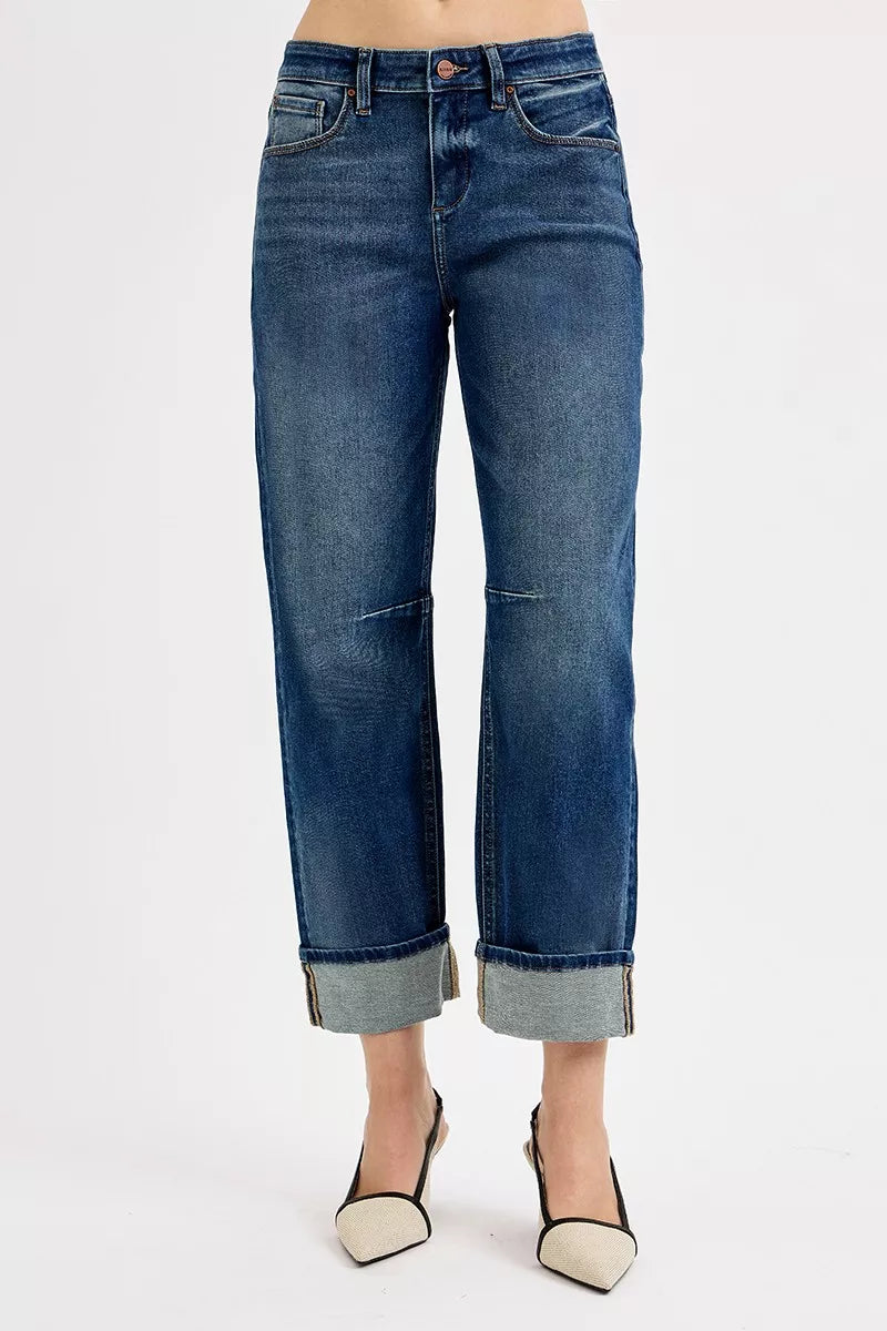 Risen Mid Rise Slouchy Crop Barrel Cuffed Jeans
