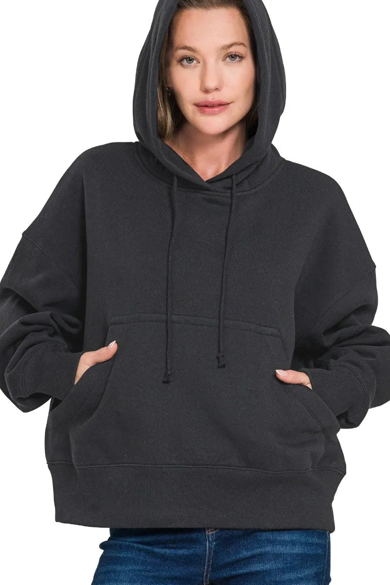 Oversized Fleece Kangaroo Pocket Hoodie in Black
