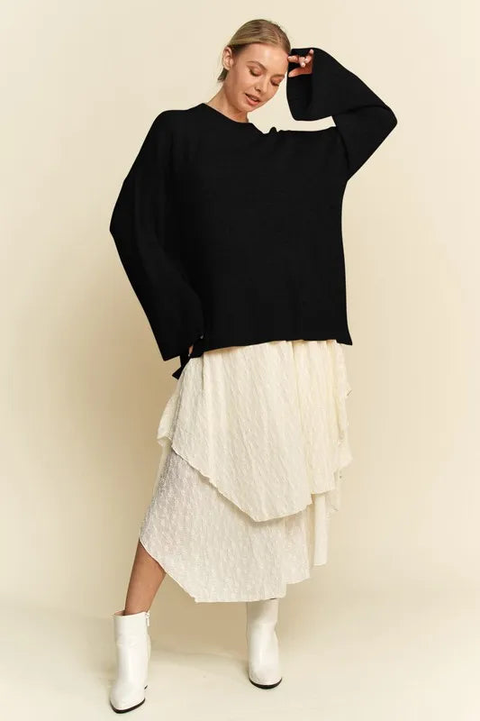 High-Low Round Neck Drop Shoulder Sweater in Black
