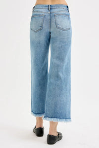 Risen Mid Rise Crop Wide Leg Frayed Hem Jeans