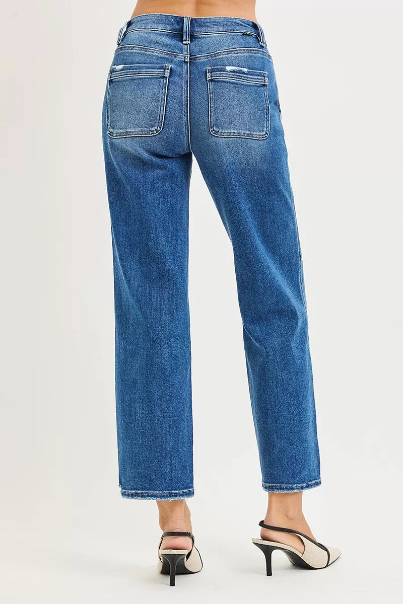 Risen High Rise Ankle Straight Distressed Hem Jeans