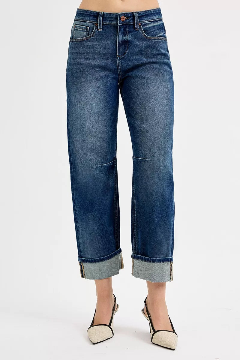 Risen Mid Rise Slouchy Crop Barrel Cuffed Jeans