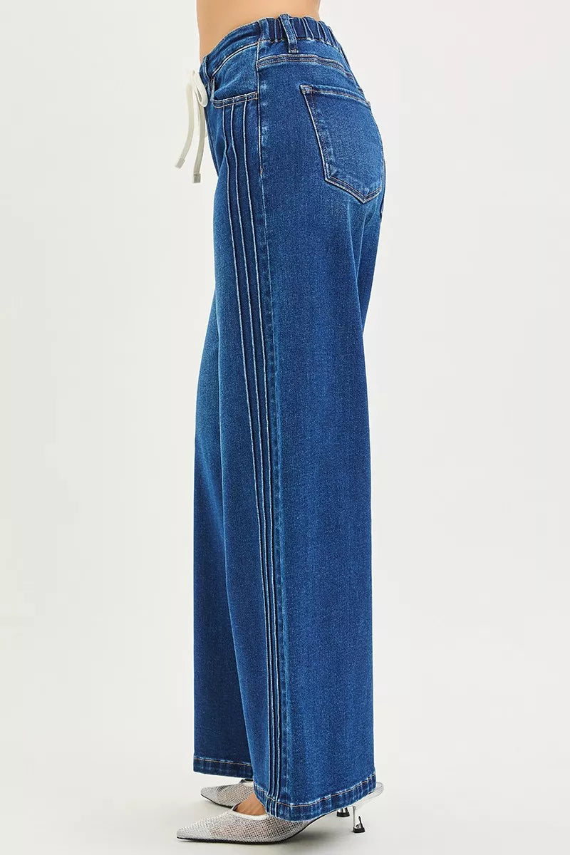 Risen Mid Rise Side Pintuck Wide Leg Jeans 