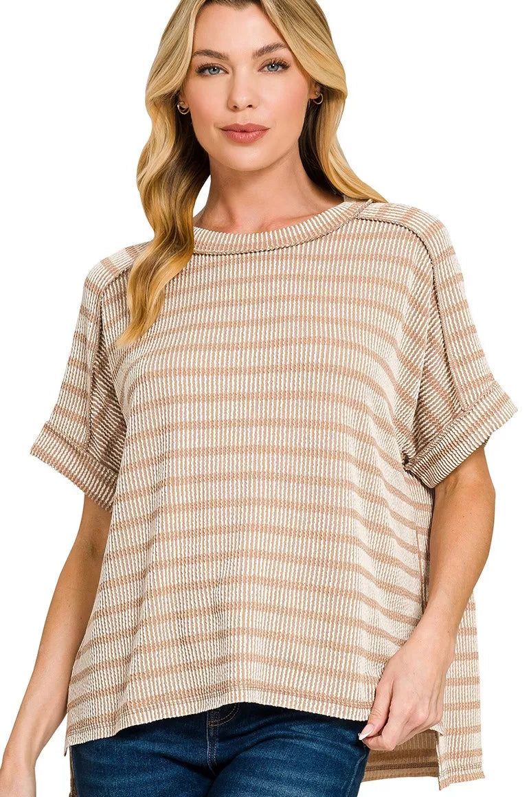 Raised Rib Striped Exposed Seam Short Sleeve Top