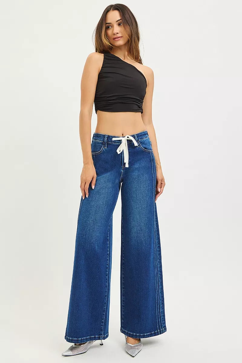 Risen Mid Rise Side Pintuck Wide Leg Jeans 