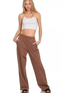 Zenana Quarter Zip Fleece Sweatshirt and Sweatpants in Brown