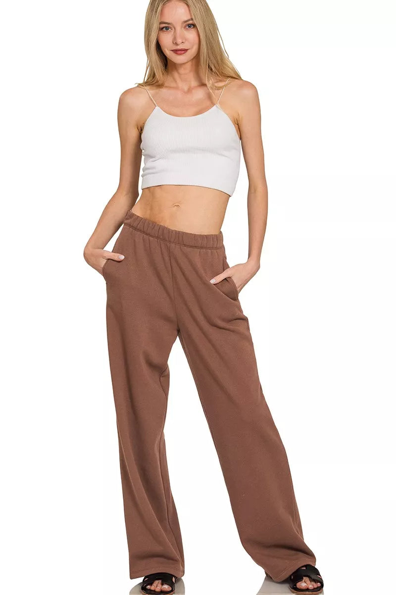 Zenana Quarter Zip Fleece Sweatshirt and Sweatpants in Brown
