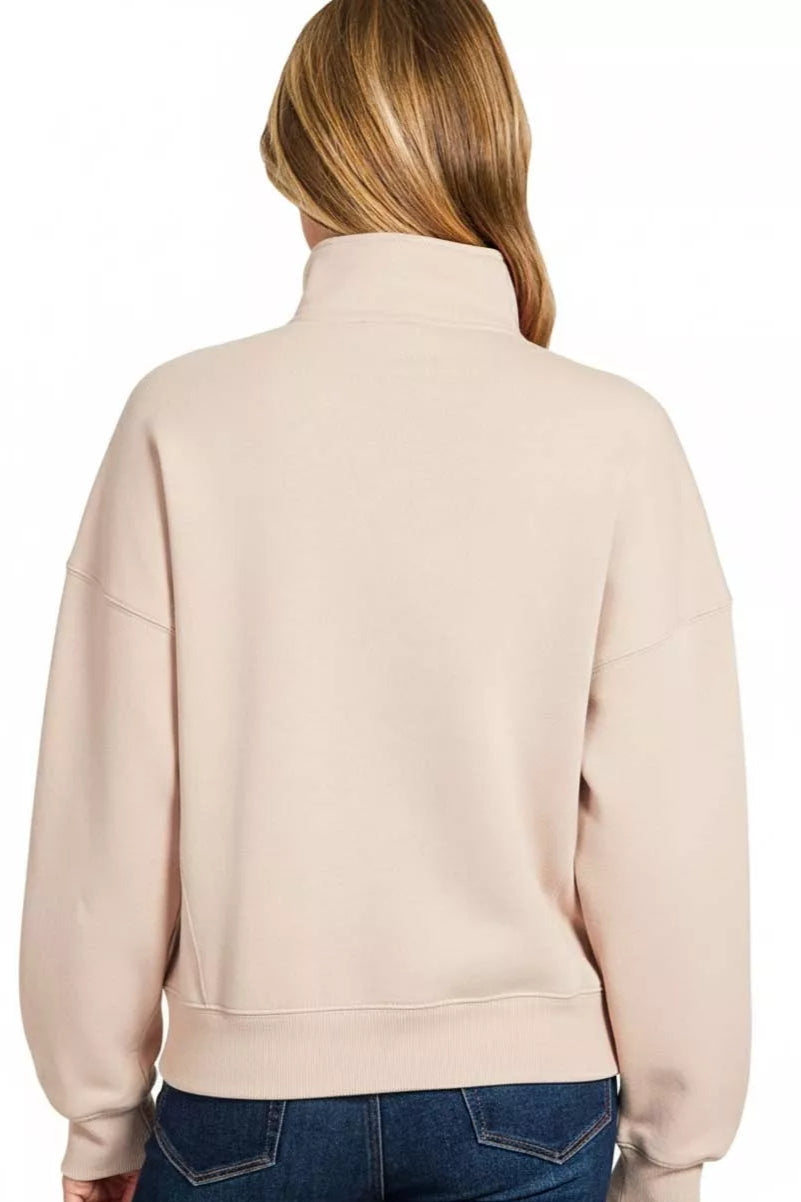 Fleece High Neck Half Zip Sweatshirt in Sand Beige