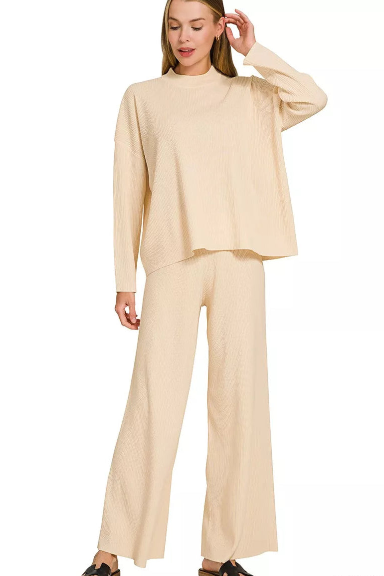 Viscose Sweater Knit Top & Pants Two-Piece Set in Light Beige