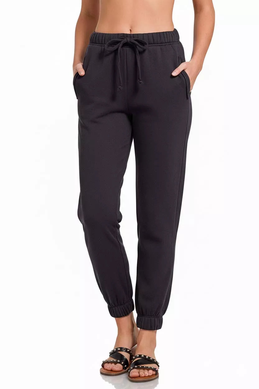 Zenana Fleece Joggers with Pockets in Black
