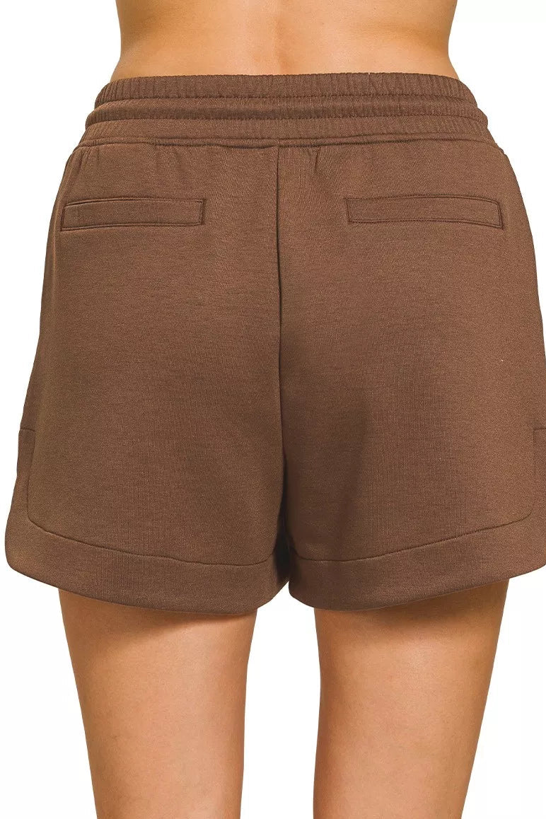 Zenana Scuba Elastic Waistband Shorts with Pockets in Brown