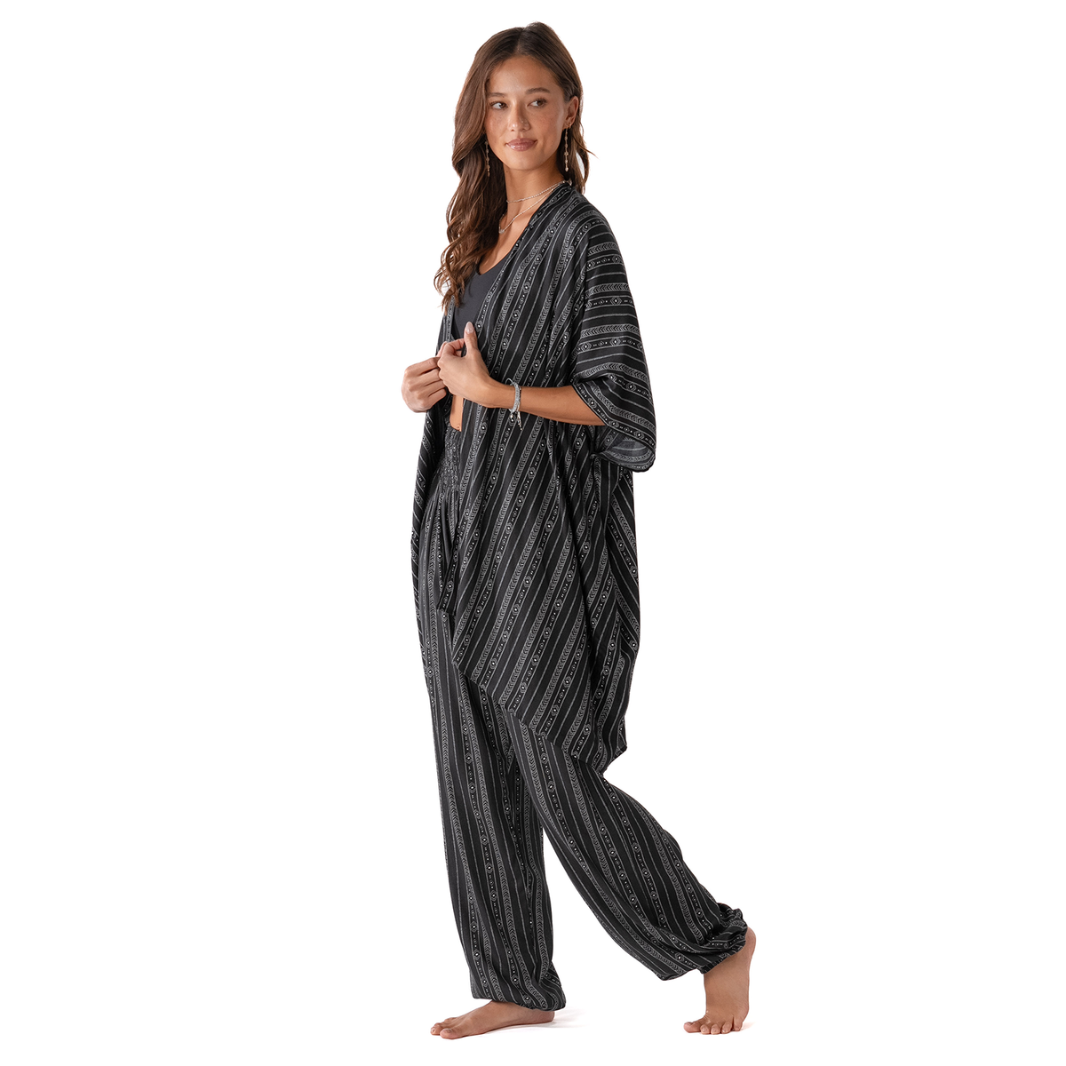 Lotus and Luna Akha Print Harem Pants & Kimono Lounge Set