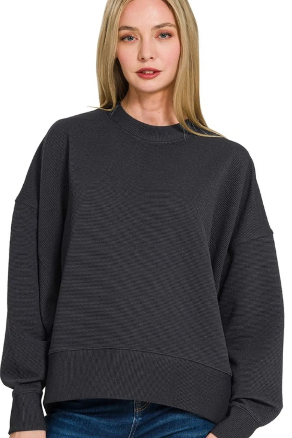 Zenana Ribbed Balloon Sleeve Pullover - Black