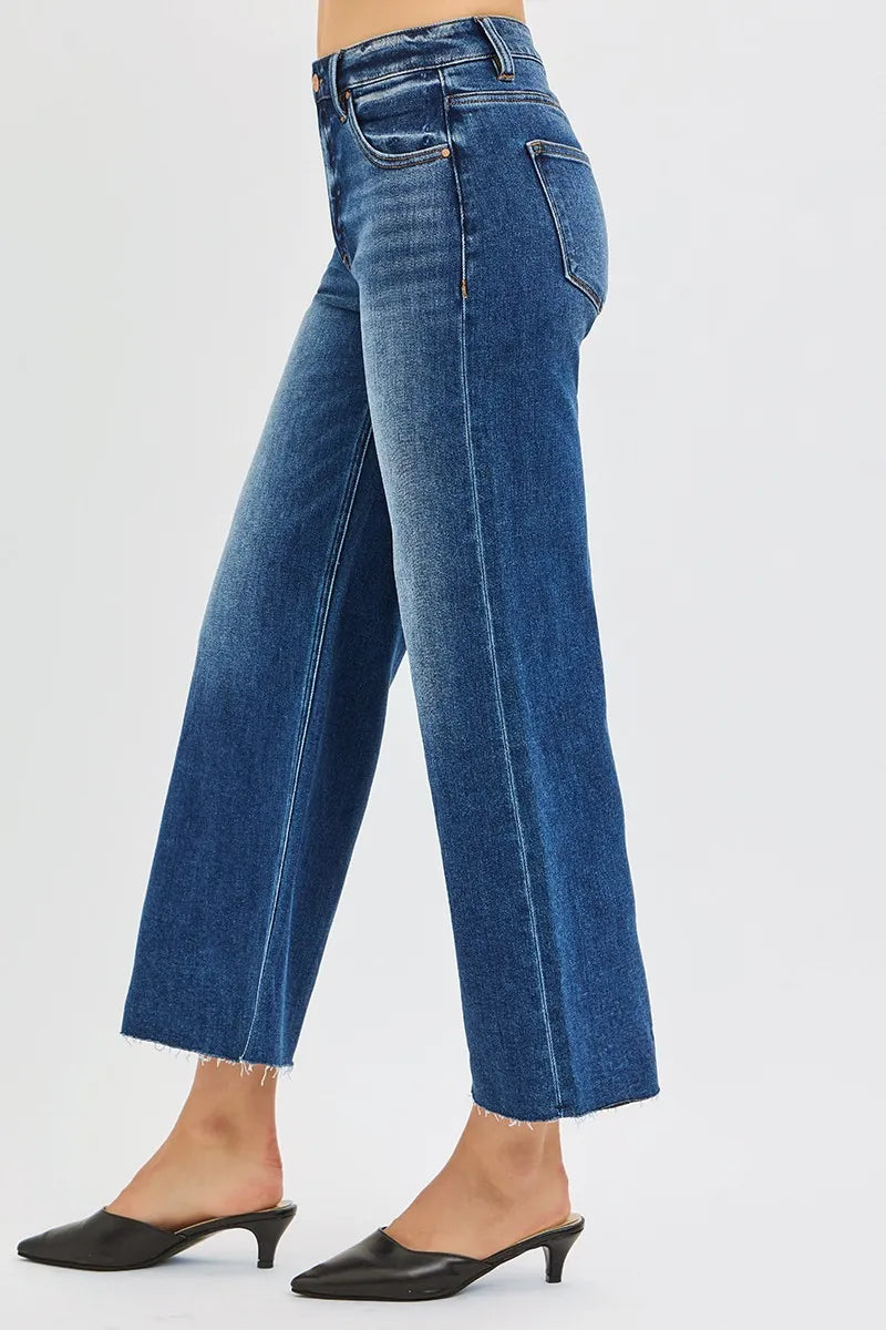 Risen Mid Rise Crop Wide Leg Raw Hem Jeans