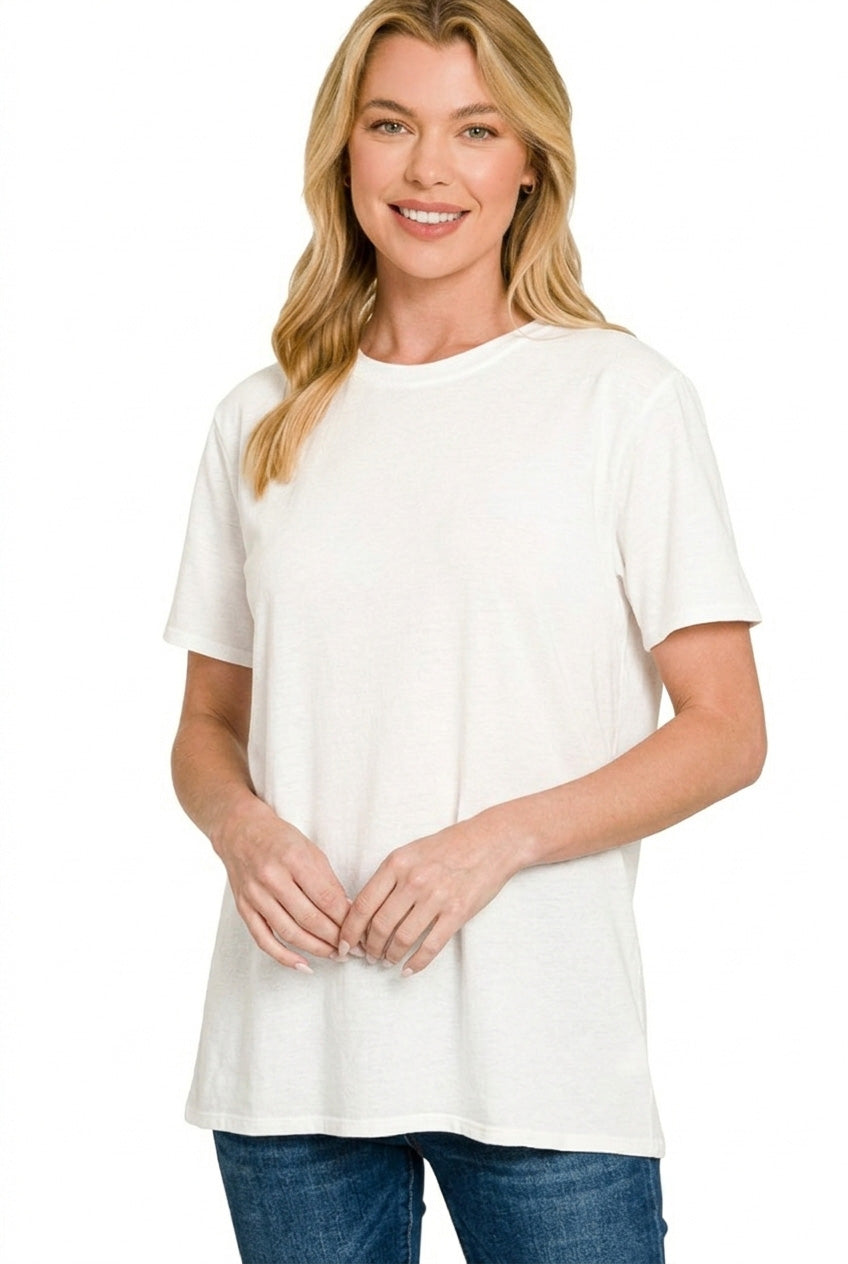 Zenana Cotton Boyfriend Round Neck Tee in White