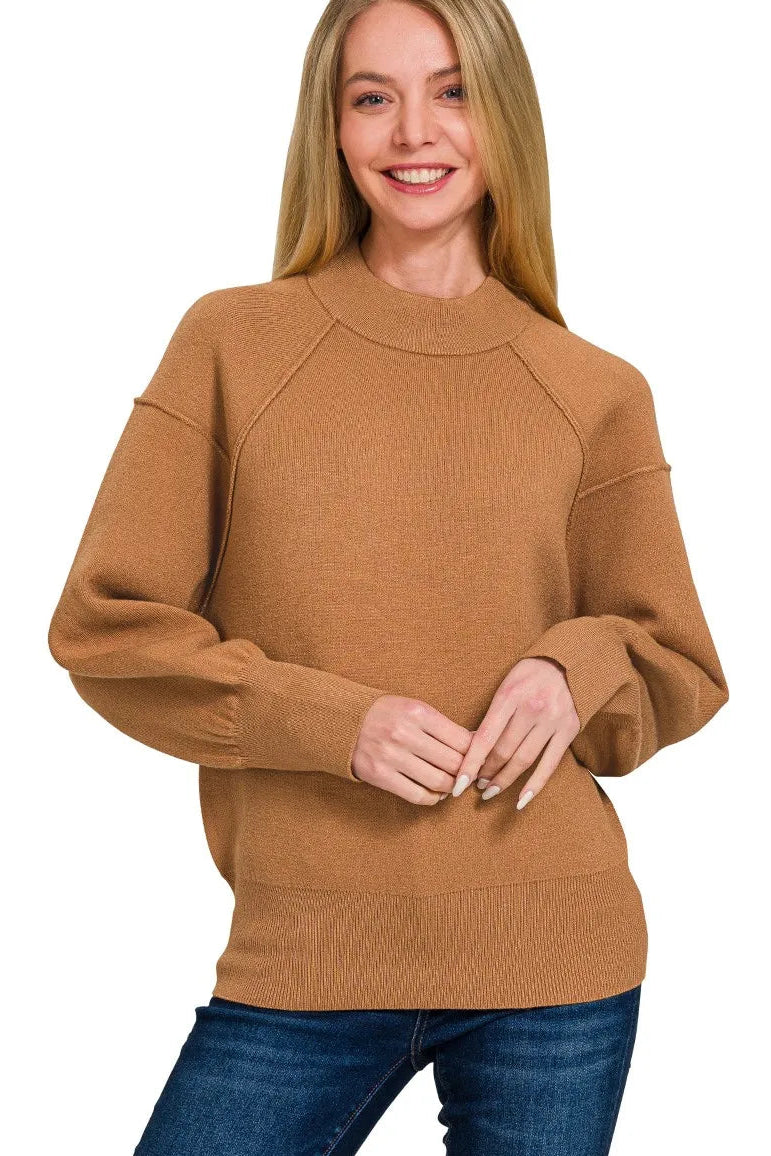 Camel Mock Neck Exposed Seam Sweater