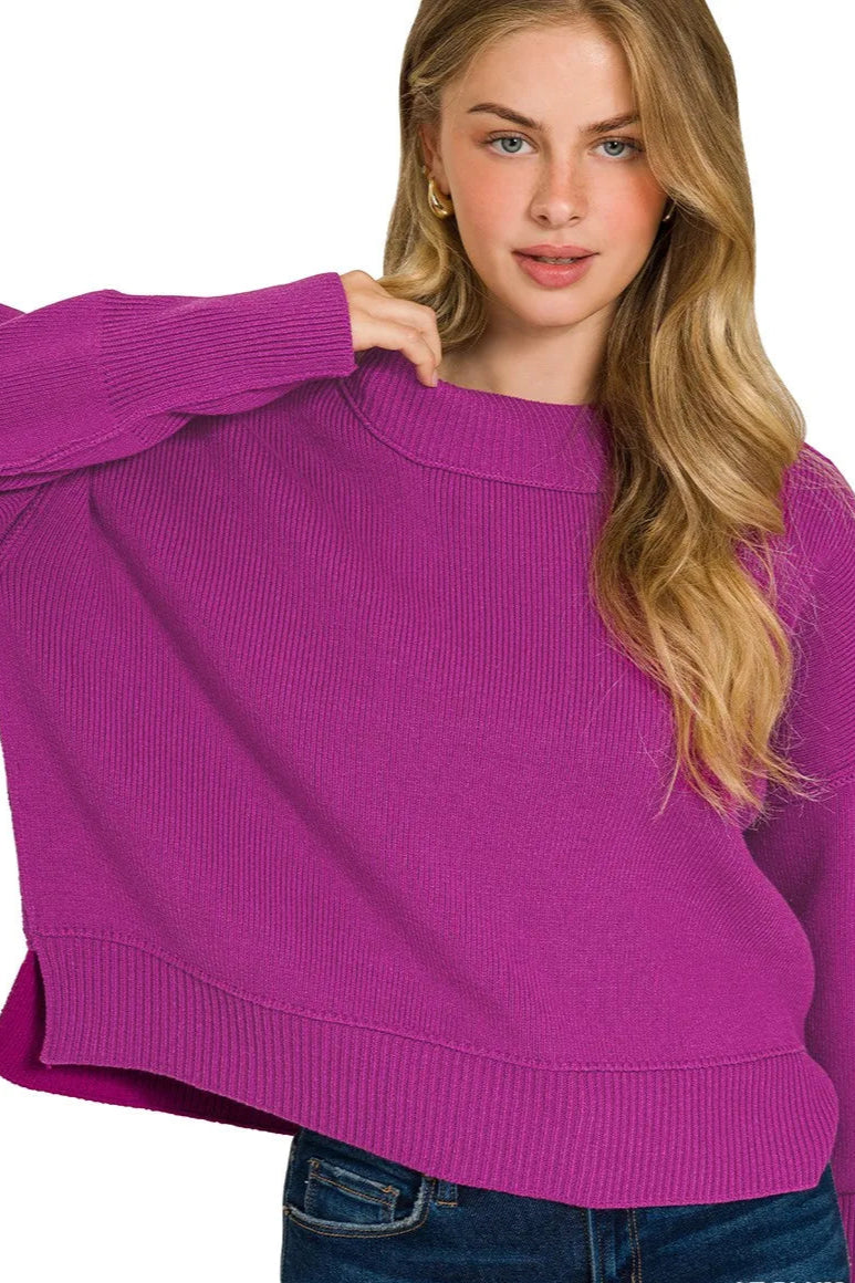 Zenana Plum Wide Neck Banded Drop Shoulder Sweater