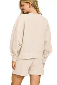 Ribbed Round Neck Pullover and Shorts Set in Sand Beige