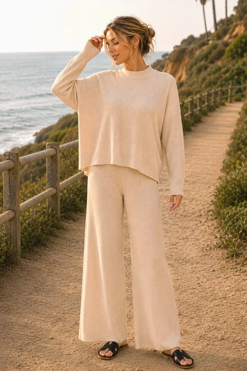 Viscose Sweater Knit Top & Pants Two-Piece Set in Light Beige