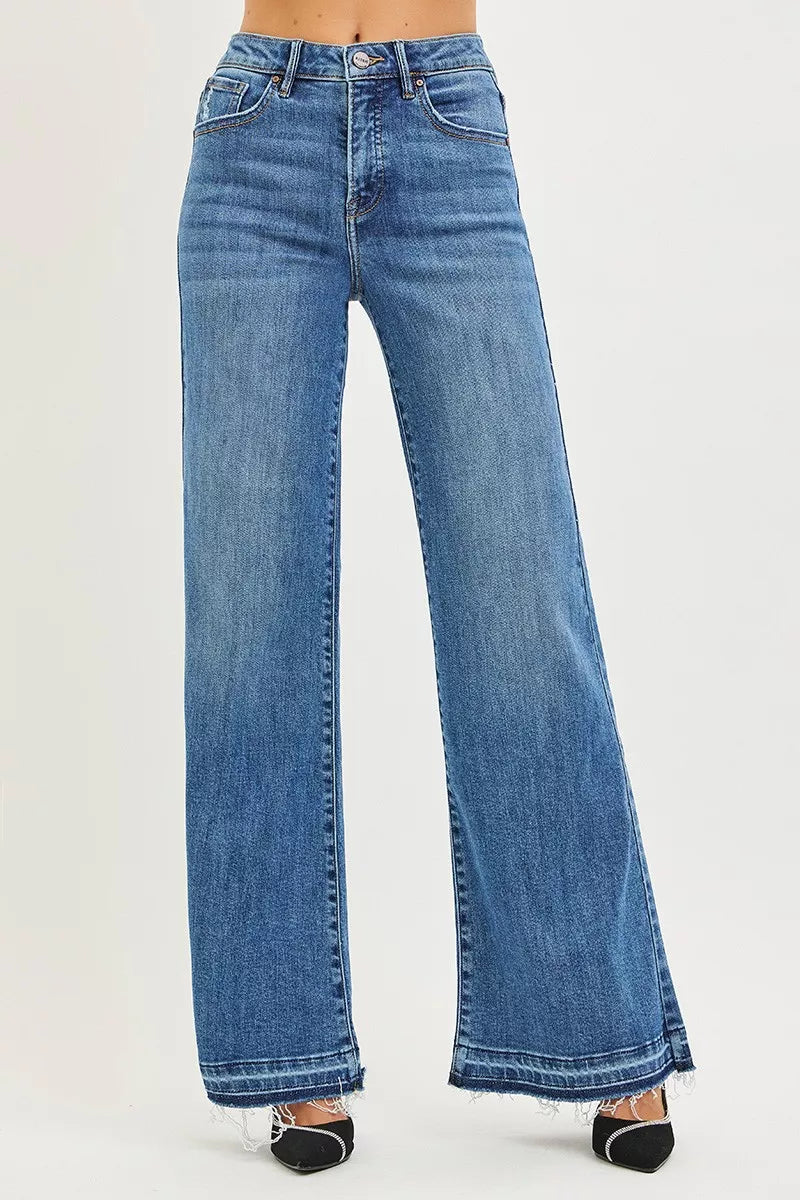 Risen High Rise Release Hem Wide Leg Jeans