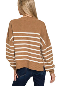 Zenana Deep Camel Exposed Seam Striped Oversized Sweater