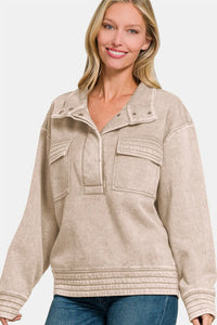 Zenana Acid Washed Half Snap Fleece Sweatshirt in Ash Mocha