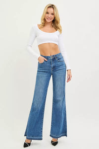 Risen High Rise Release Hem Wide Leg Jeans