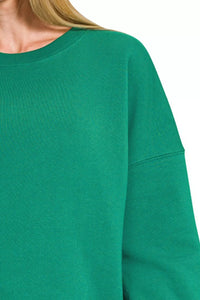 Fleece Hi-Low Boyfriend Sweatshirt with Pockets - Forest Green