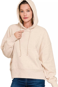 Zenana Fleece Oversized Kangaroo Pocket Hoodie in Heather Beige