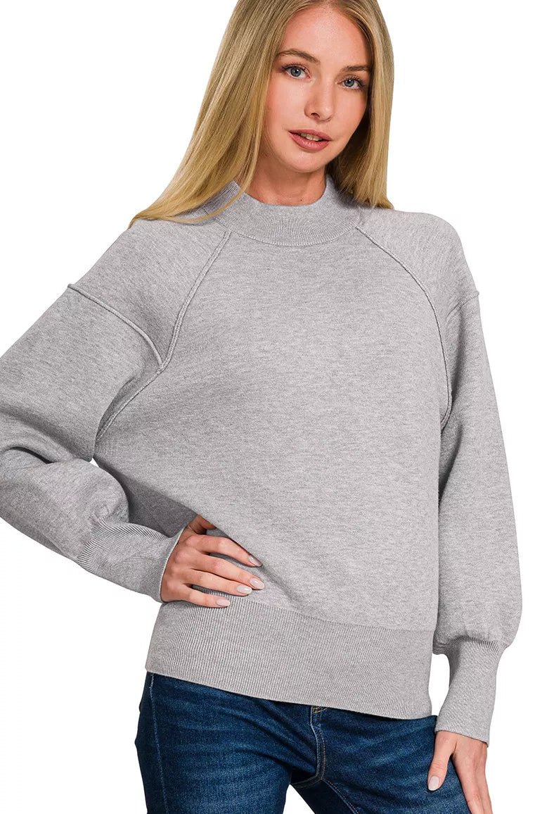Heather Grey Mock Neck Exposed Seam Sweater