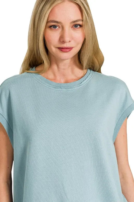 French Terry Round Neck Cap Sleeve T-Shirt - Blue Gray