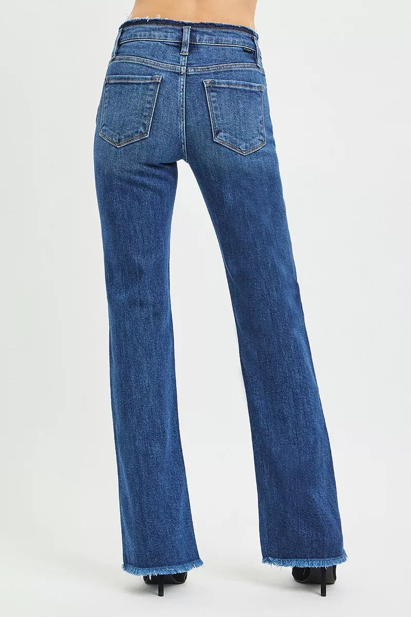 Risen Mid Rise Frayed Waistband Bootcut Jeans