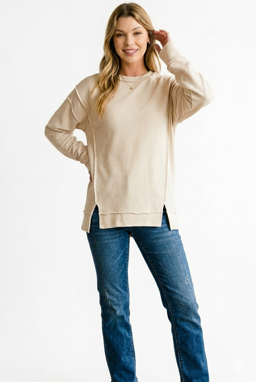 Zenana Acid Washed Double Ribbed Exposed Seam Sweatshirt in Sand Beige