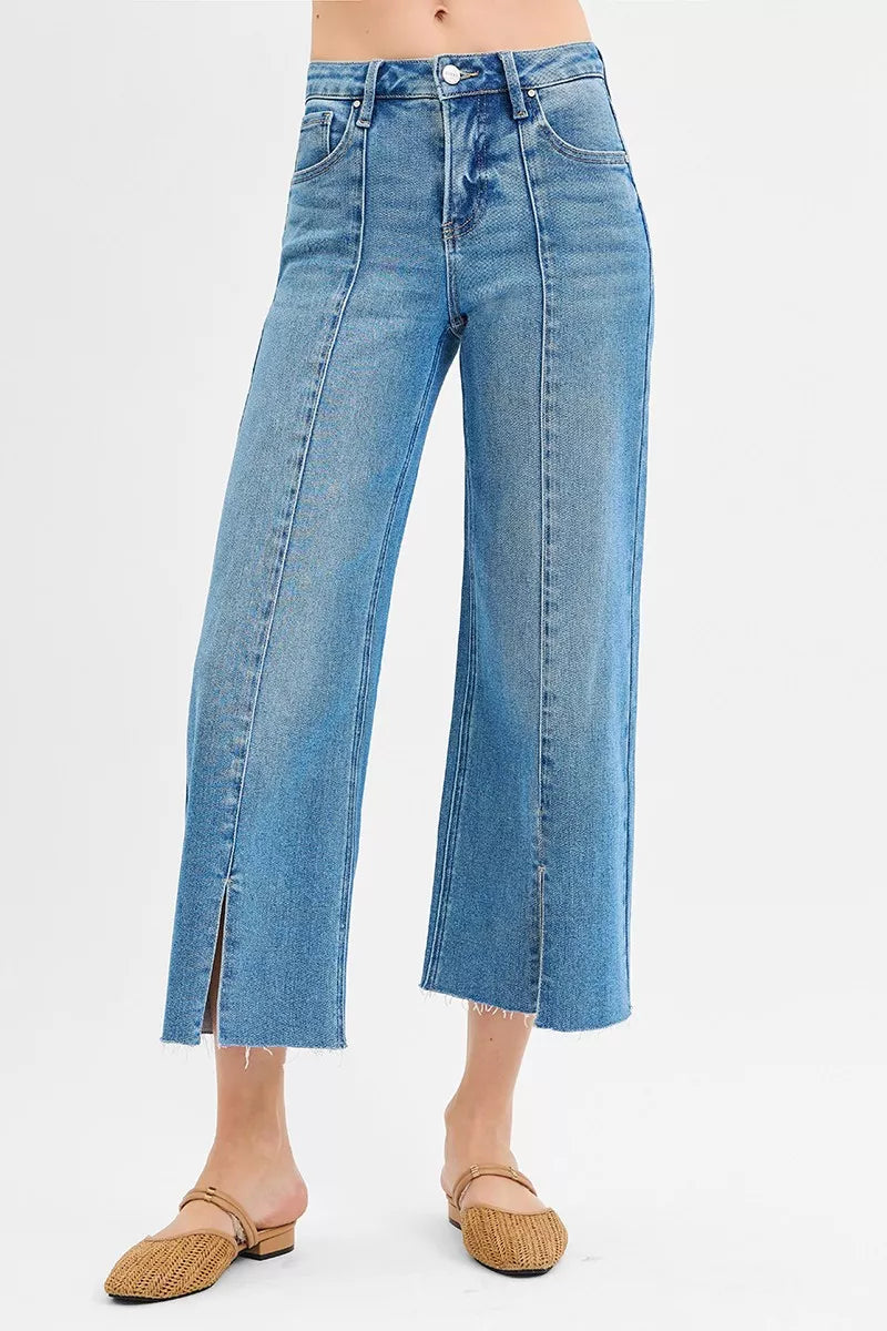 Risen Mid Rise Tummy Control Crop Wide Leg Front Slit Jeans