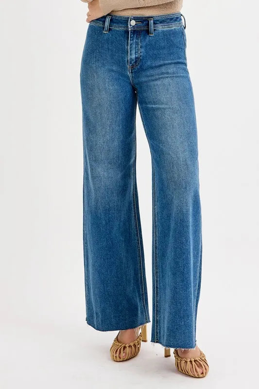 Risen High Rise Wide Leg Flare Jeans
