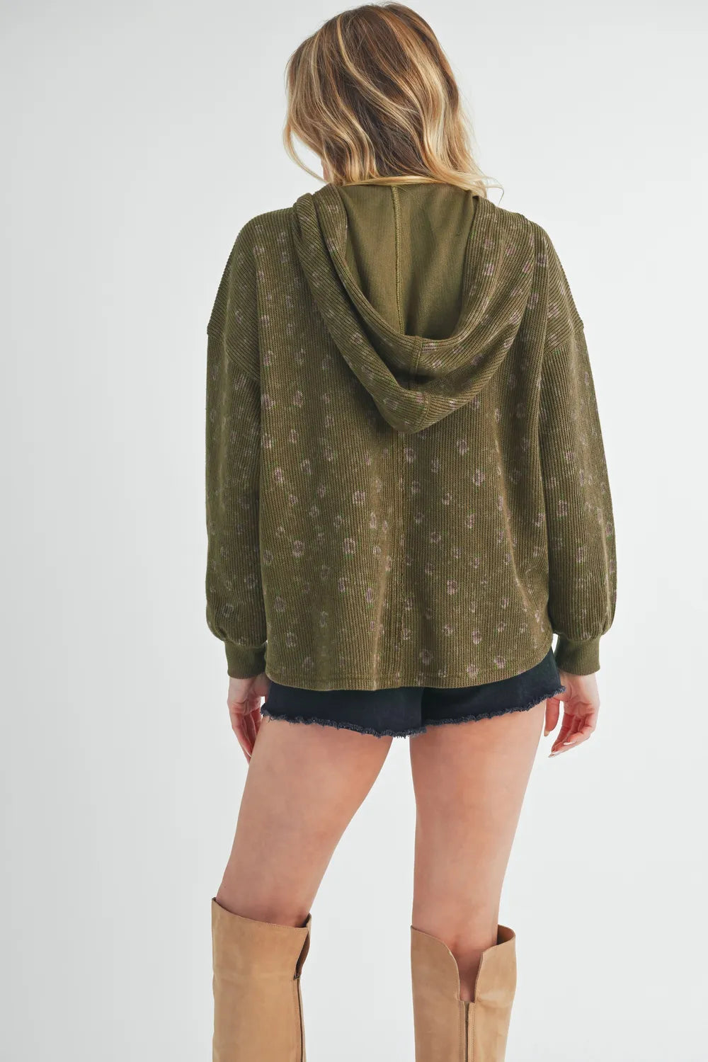 Aemi + Co Olive Floral Button Up Hooded Sweatshirt