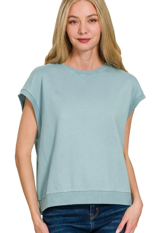 French Terry Round Neck Cap Sleeve T-Shirt - Blue Gray