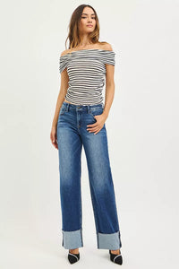 Risen Mid Rise Straight Wide Cuff Jeans