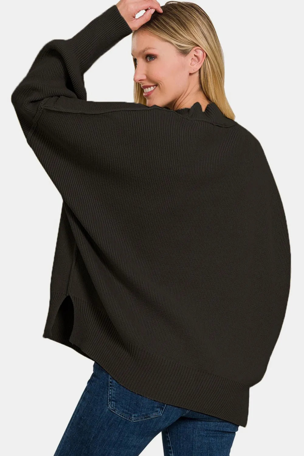 Slouchy Side Slit Oversized Sweater in Black
