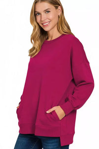 Zenana Fleece Hi-Low Boyfriend Sweatshirt with Pockets - Cabernet