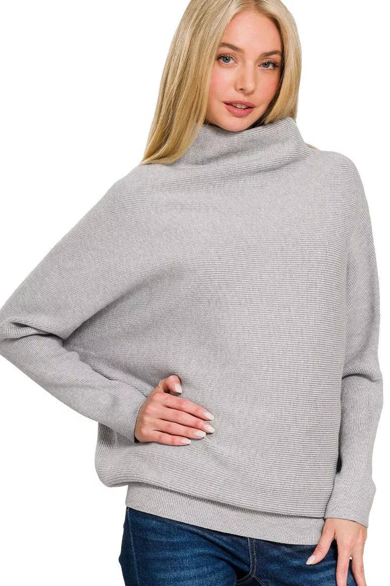 Draped Mock Neck Dolman Sleeve Sweater in Heather Grey