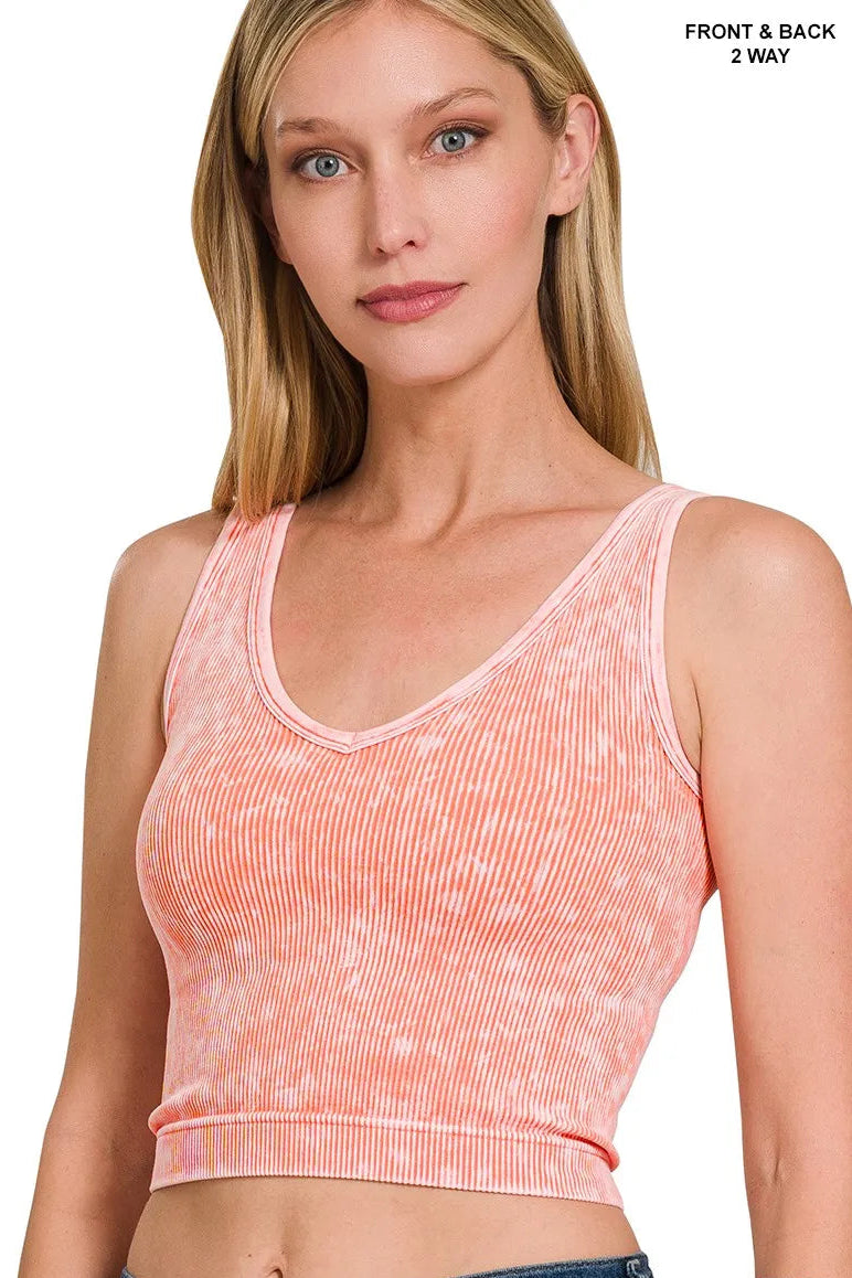 Zenana Washed Two-Way Neckline Ribbed Tank in Coral