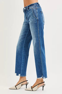 Risen High Rise Ankle Straight Distressed Hem Jeans